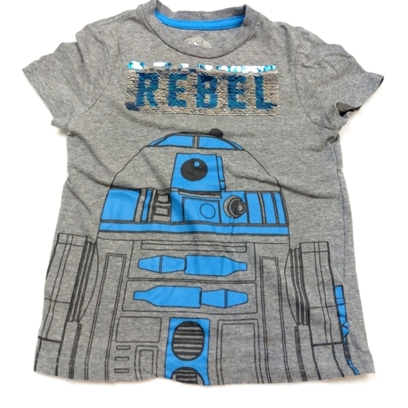 STARWARS GALAXYS EDGE GIRLS GRAY R2D2 REVERSE SEQUIN REBEL DROID T-SHIRT SIZE XS - Picture 1 of 6